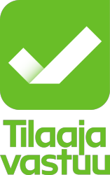 Vihreä neliö, jossa valkoinen tarkistusmerkki ja teksti "Tilaajavastuu" vihreällä.